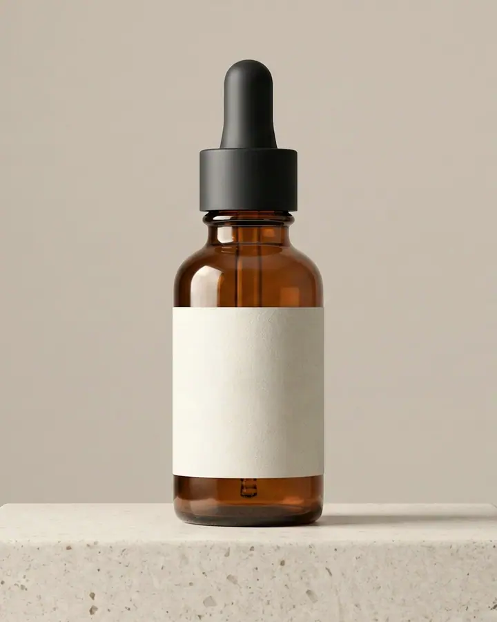 Amber glass dropper bottle with a blank cream label standing on a pale stone plinth